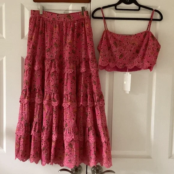 Caroline Constas 2pc Set Crop Spaghetti Top Maxi Skirt Pink Cotton Eyelet Ruffle - Picture 2 of 16